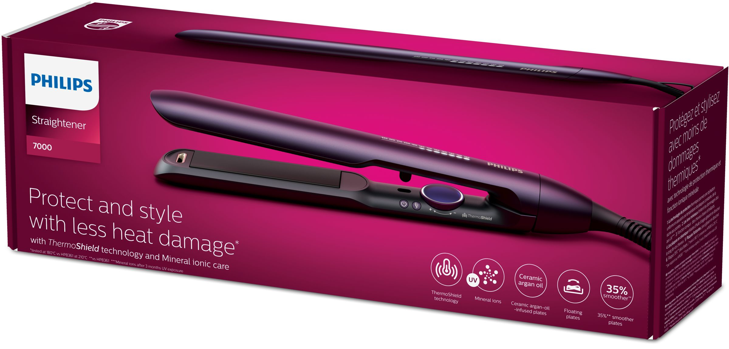 A purple Philips hair straightener in a box. The box has text about the product.