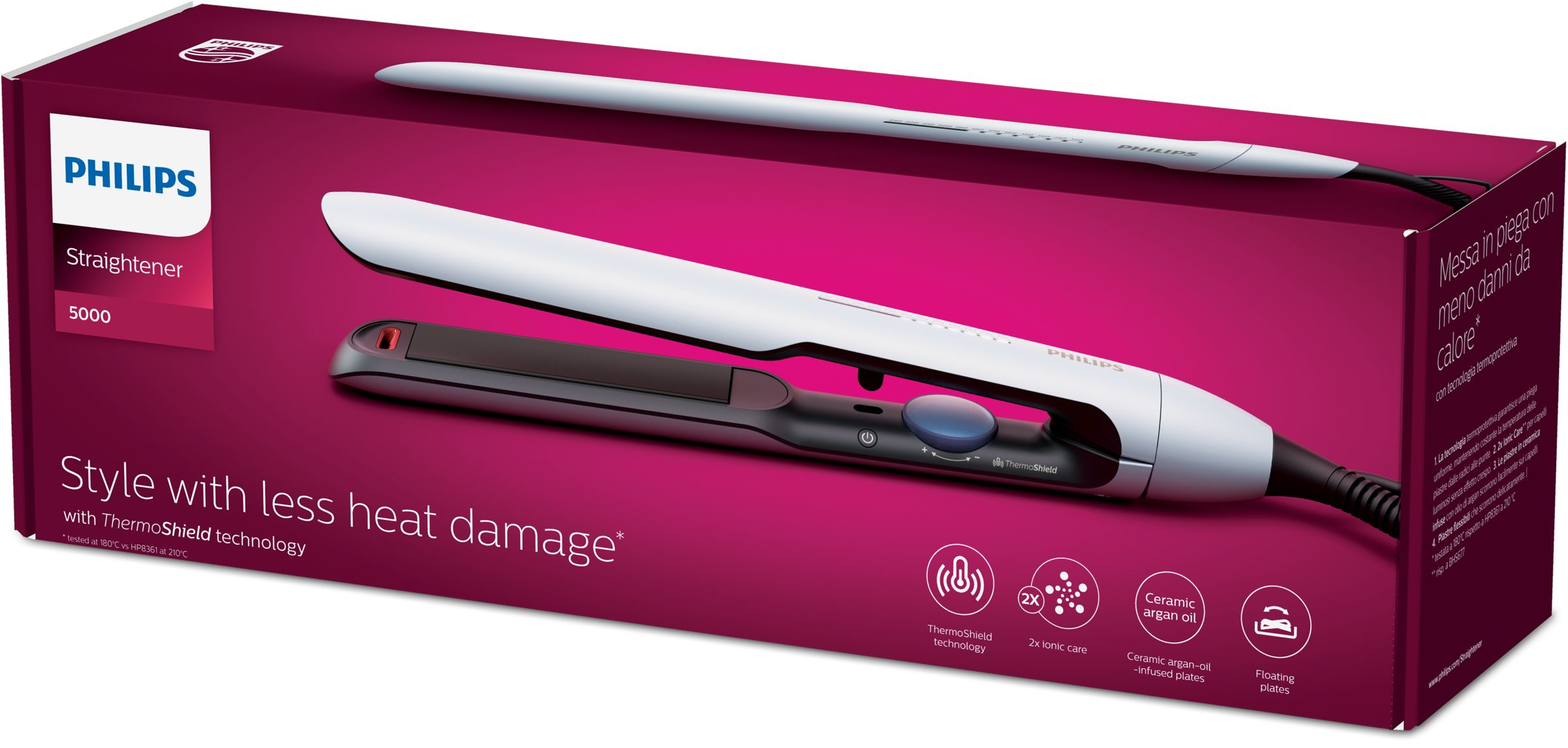 Appliance, white, dark red background, product presented in the package.
