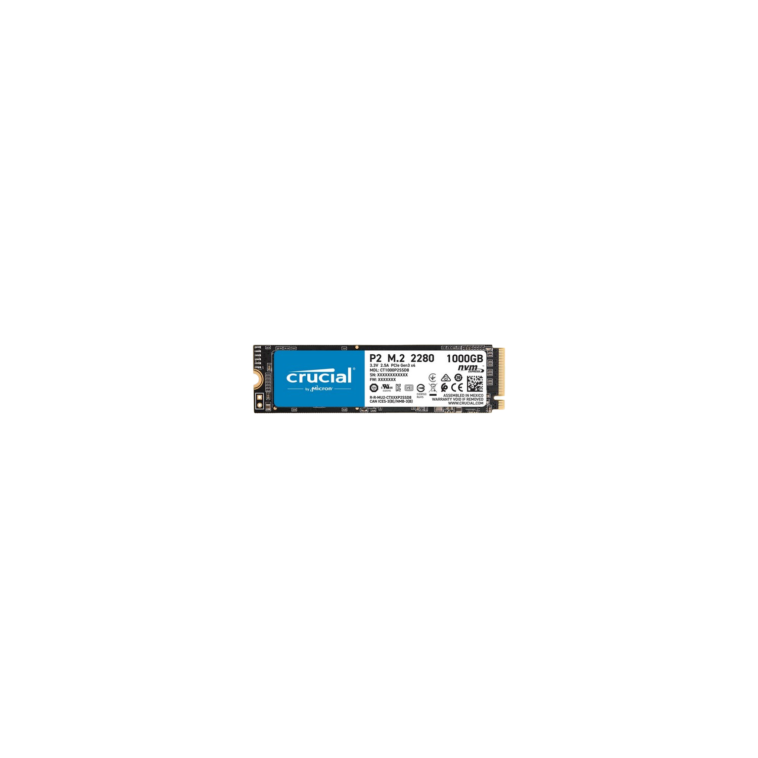 Disco Duro SSD 1 TB - Crucial P2 CT1000P2SSD8, NVMe(PCIe Gen3x4), Lectura 2400 MB/s, Escritura 1800 MB/s, Azul