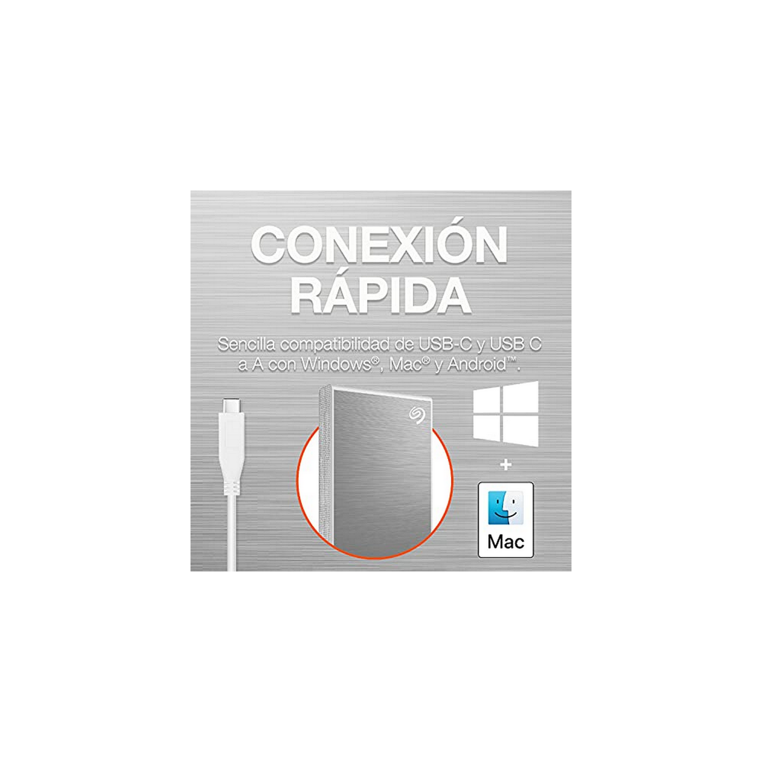 Disco duro externo 2 TB  - Seagate One Touch STKG2000401, SSD, exFAT, Hasta 1030 MB/s, USB-C, Plata