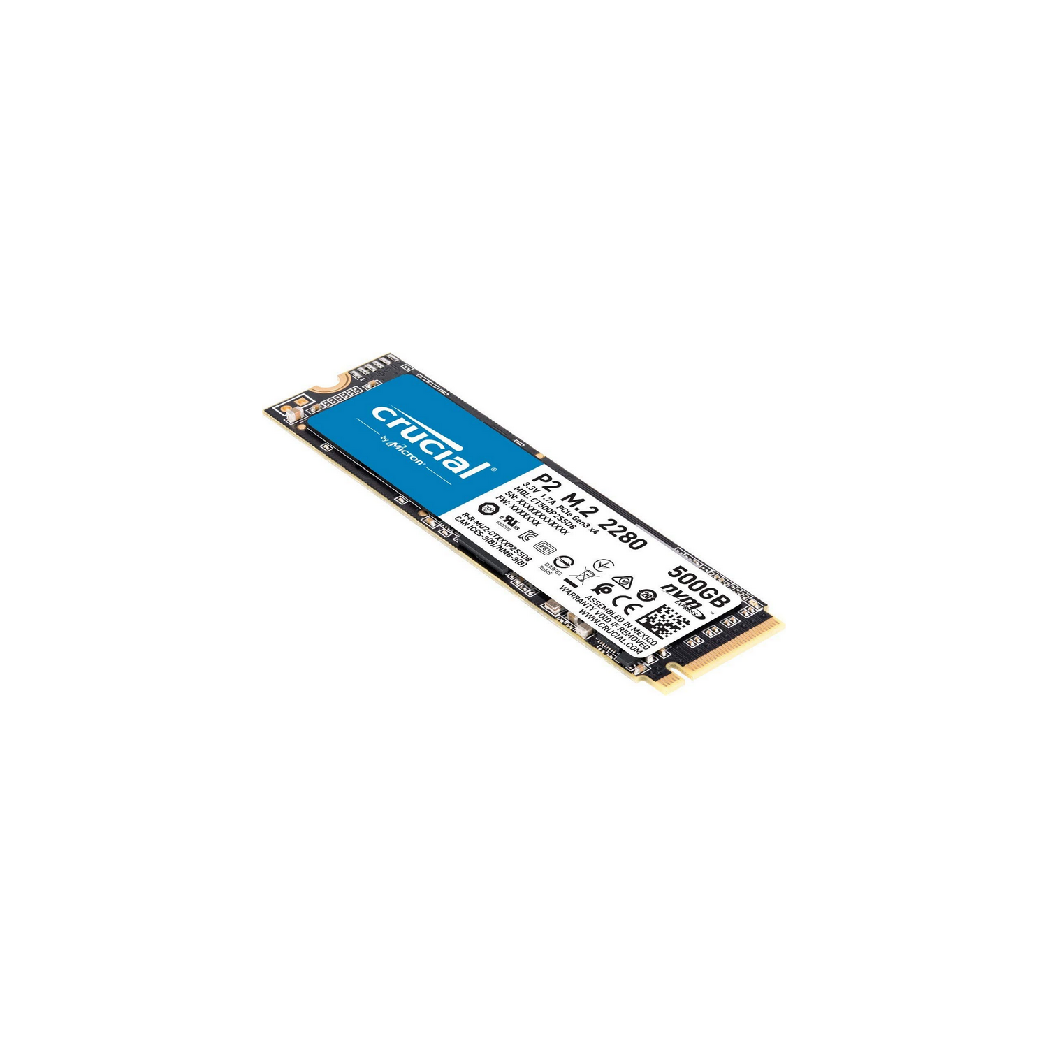 Disco Duro SSD 500 GB - Crucial P2 CT500P2SSD8, NVMe(PCIe Gen3x4), Lectura 2300 MB/s, Escritura 940 MB/s, Azul