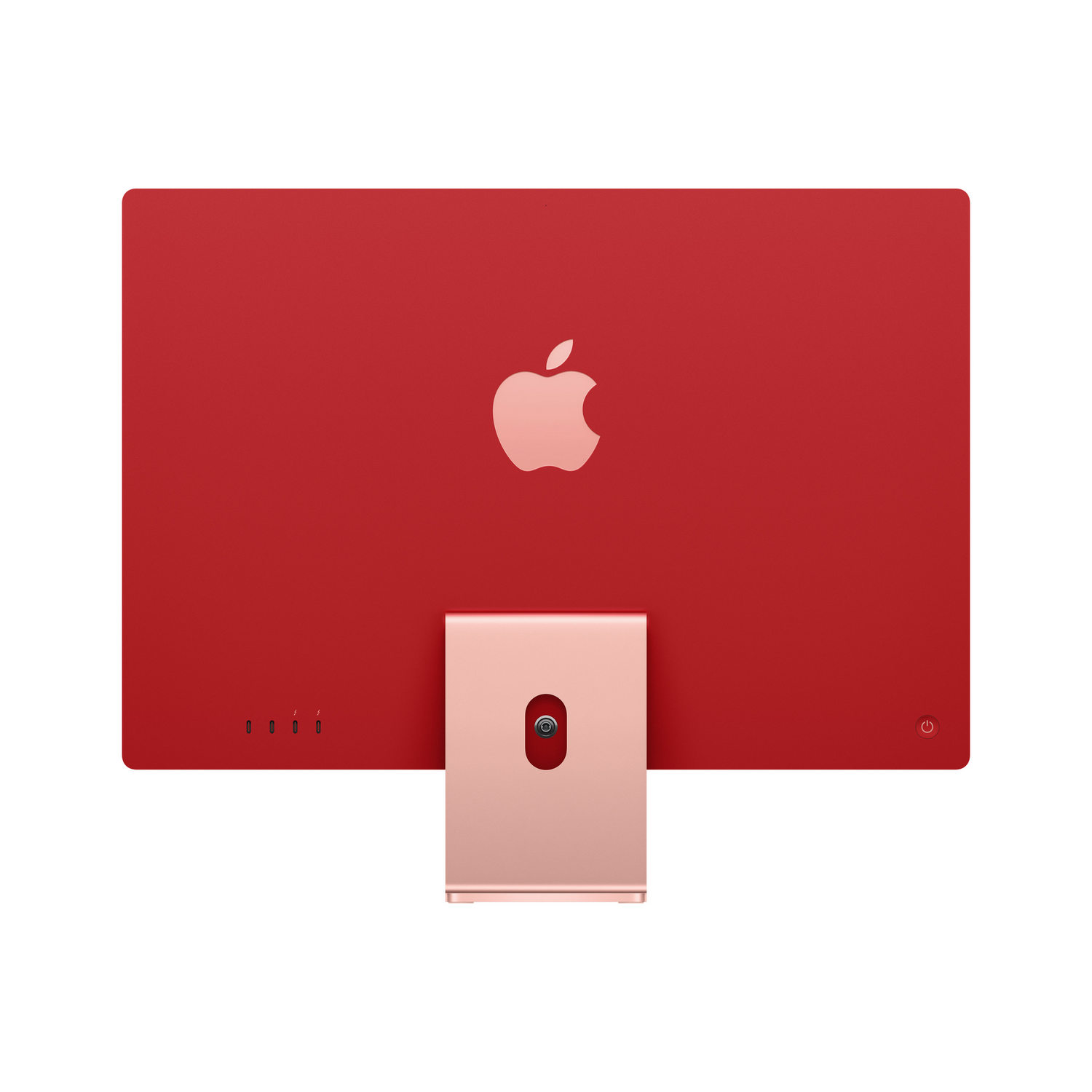 Vista trasera de un iMac rojo. Logotipo de Apple y soporte visibles. Botón de encendido a la derecha.