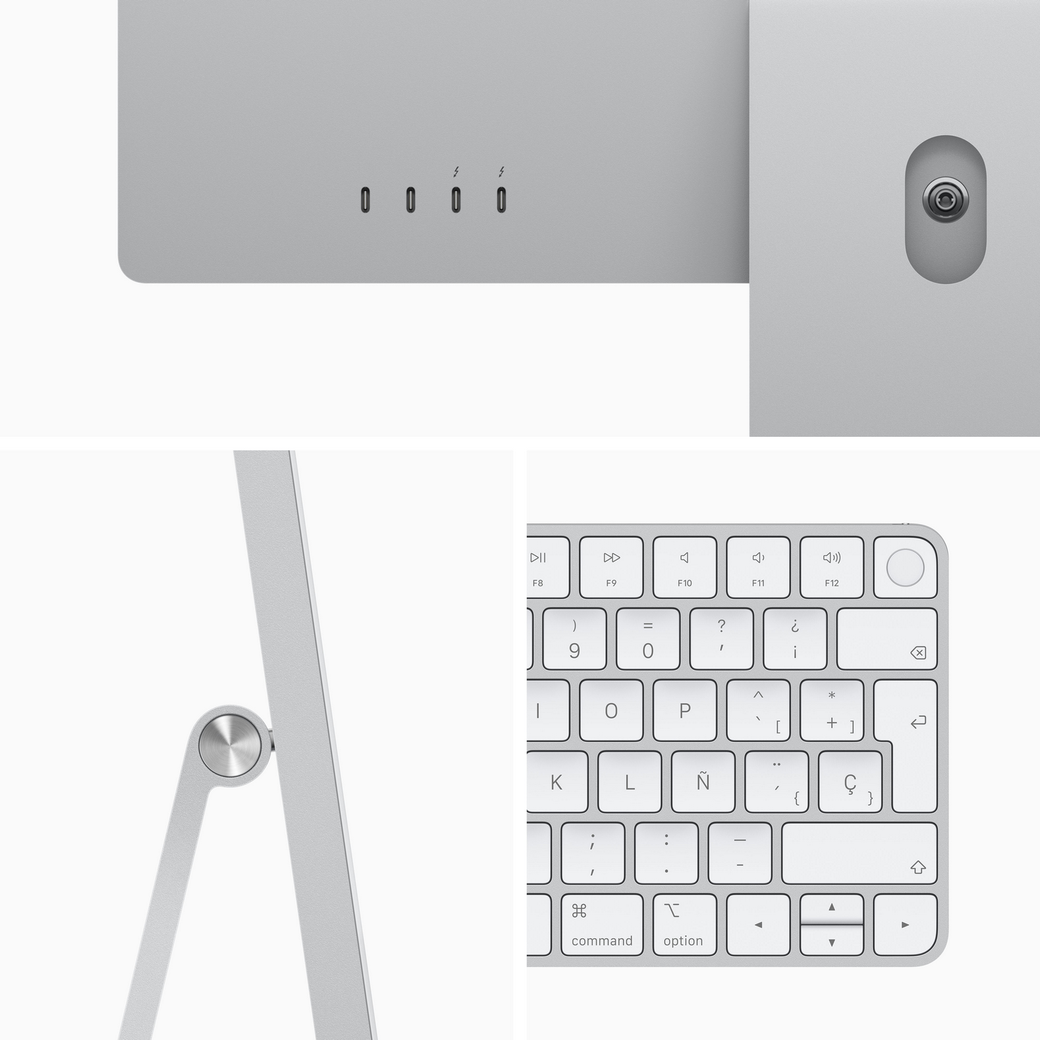Un collage de piezas de ordenador, incluyendo una pantalla, puertos y un teclado, sobre un fondo blanco.