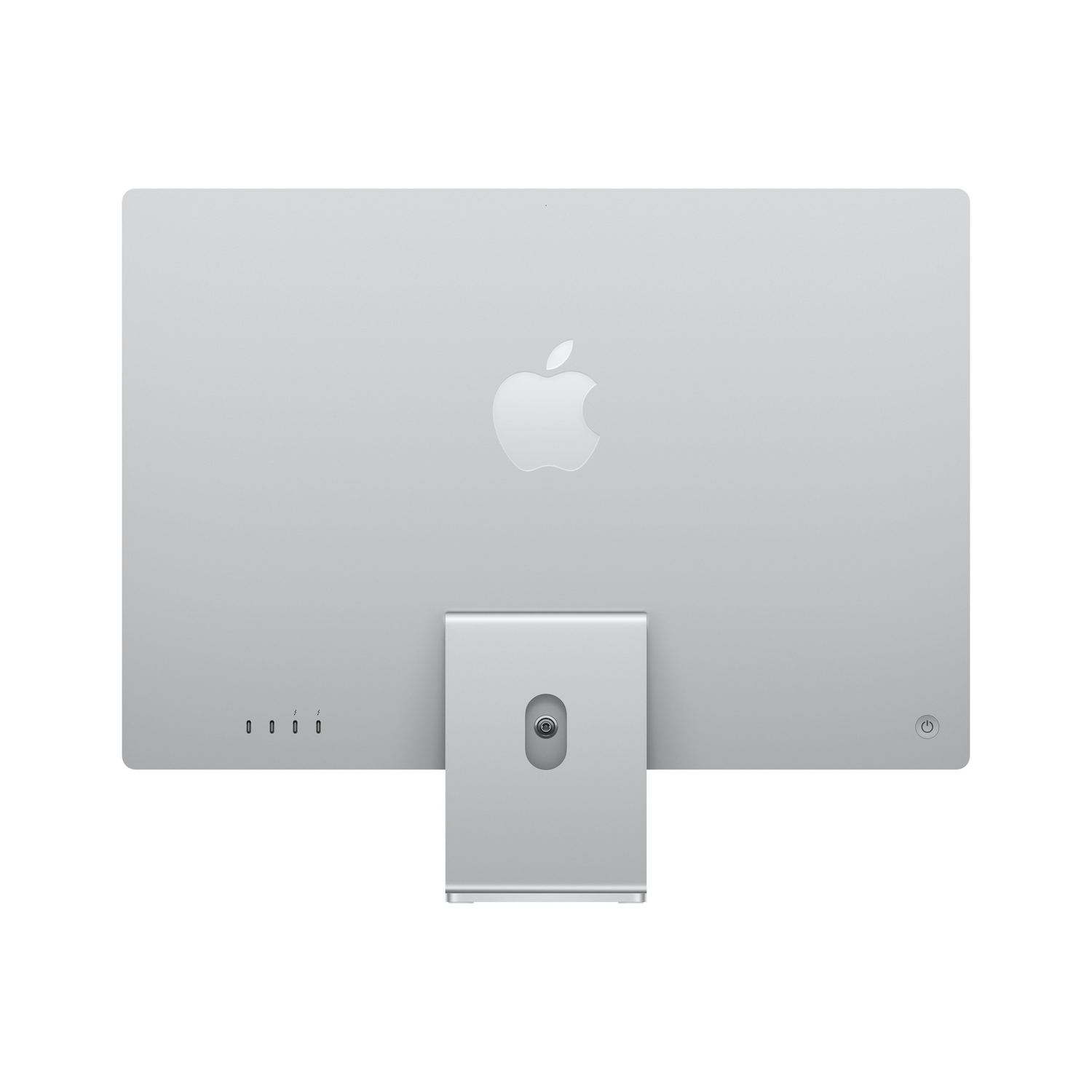 Parte trasera de un monitor de computadora plateado. Muestra el logotipo de Apple y un soporte.