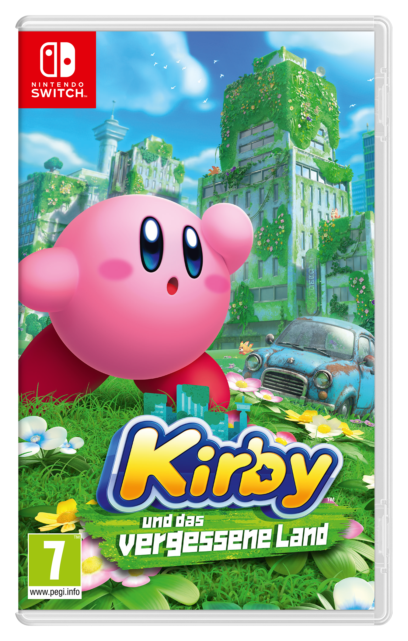 Scatola del gioco Kirby. Kirby rosa in un campo, edifici sullo sfondo. Testo: Kirby e la Terra Perduta.