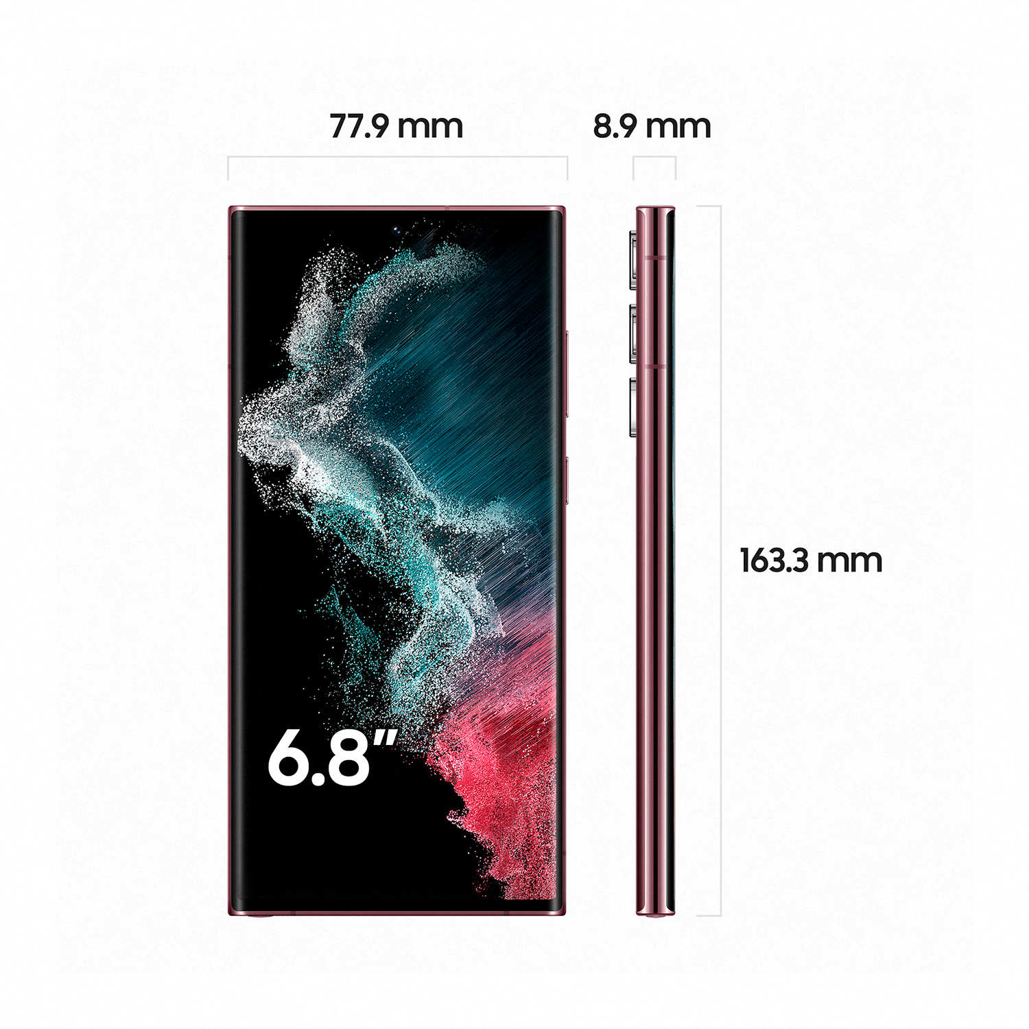 Un teléfono oro rosa con dimensiones mostradas sobre un fondo blanco.