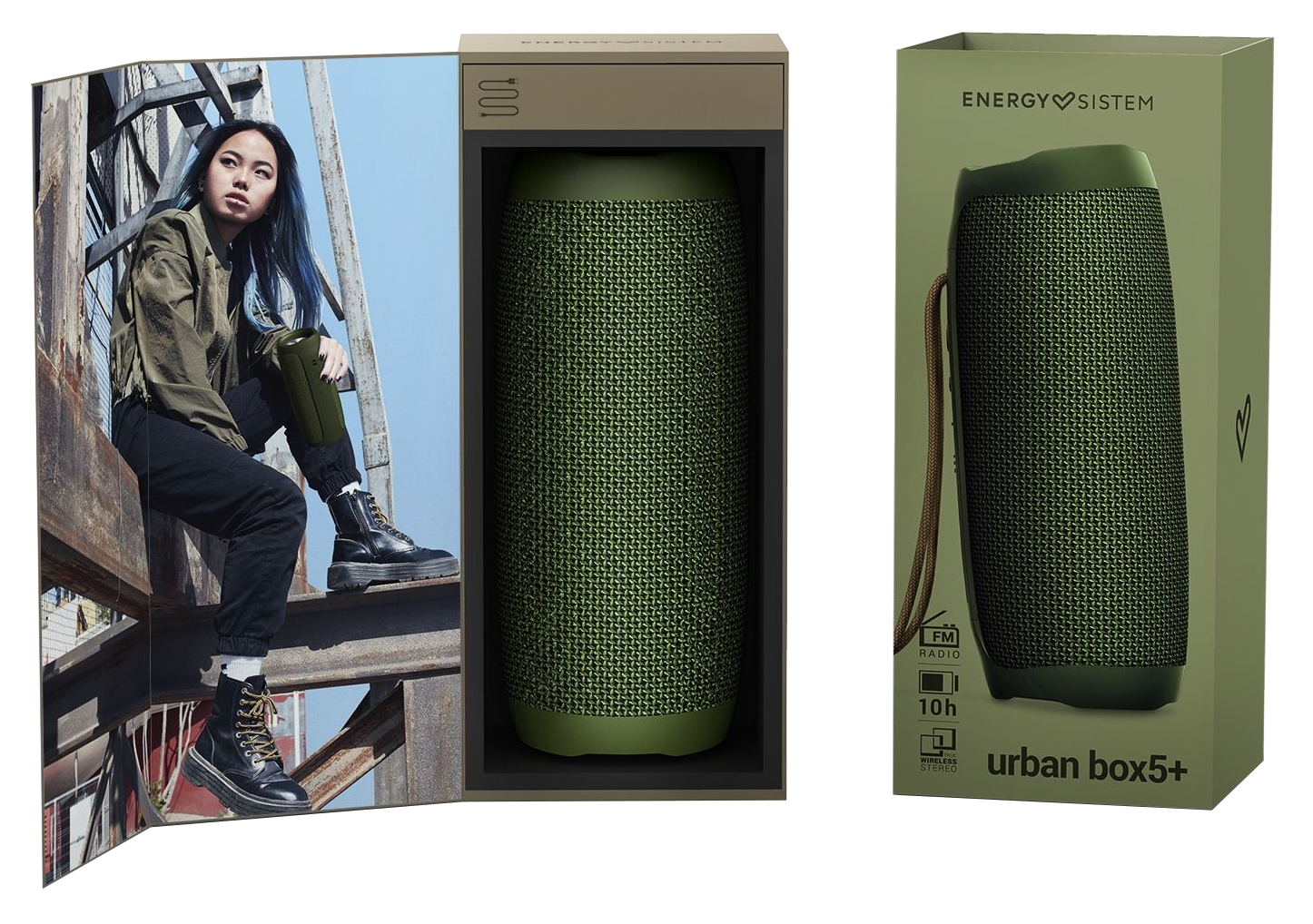 Hangszóró egy nővel, dobozban. A termék neve: 'urban box 5+'.