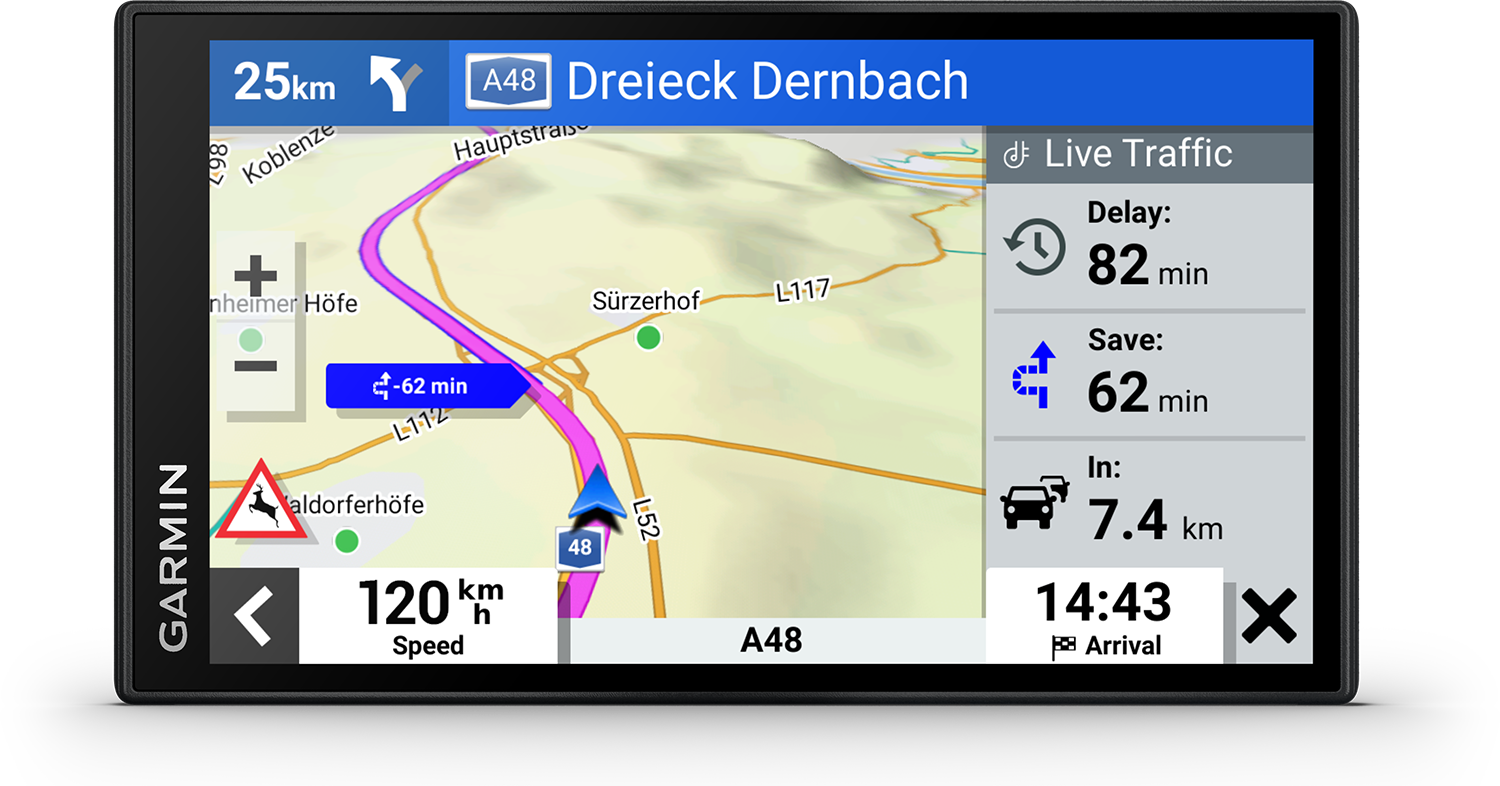 Car navigation screen displaying a map and navigation information. Background is black.