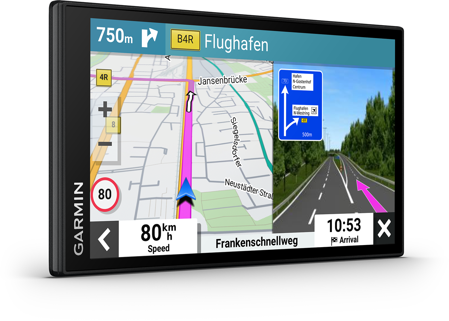 A Garmin GPS device showing a map with directions to an airport.