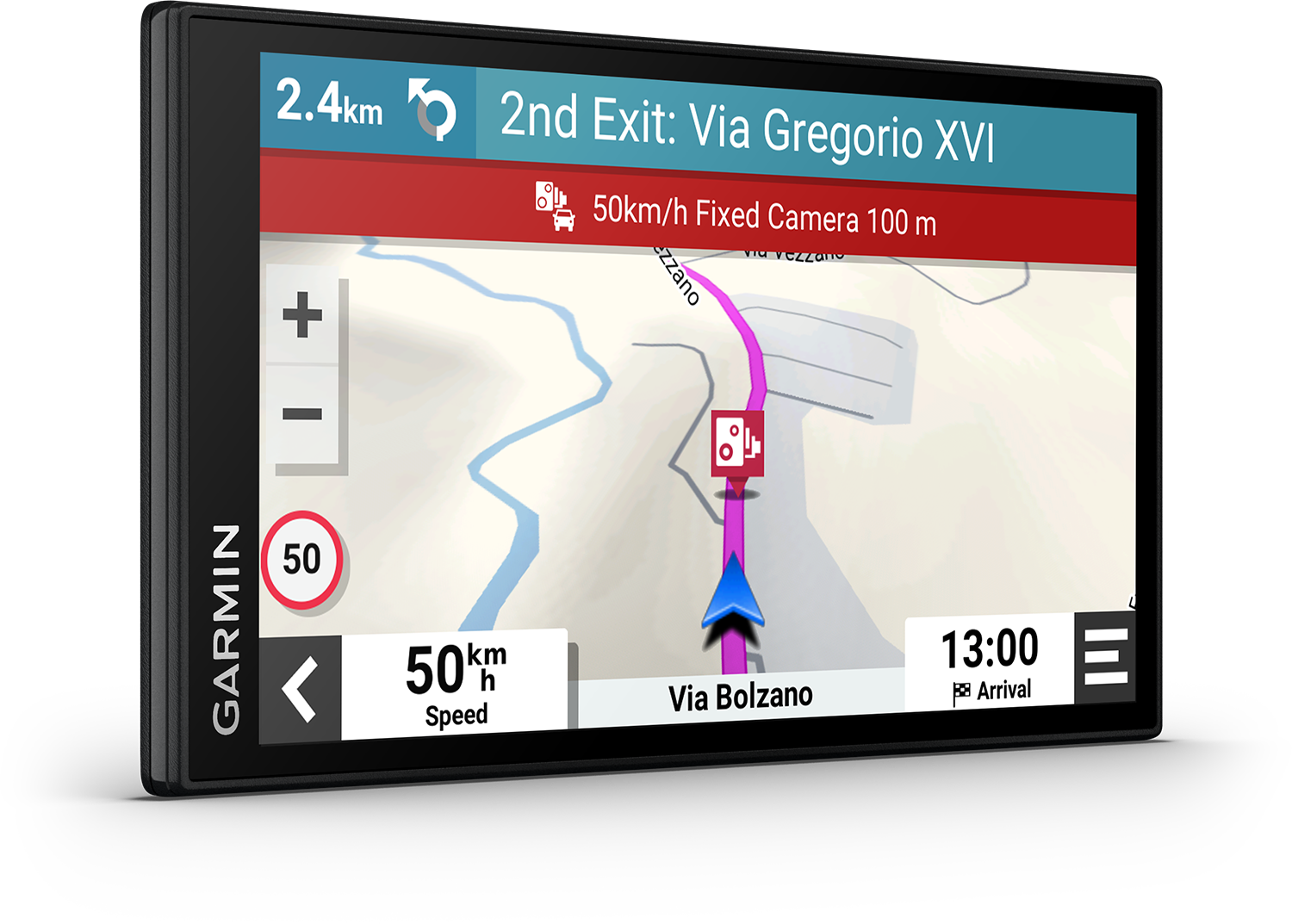 GPS screen showing a map and navigation details, Garmin brand.