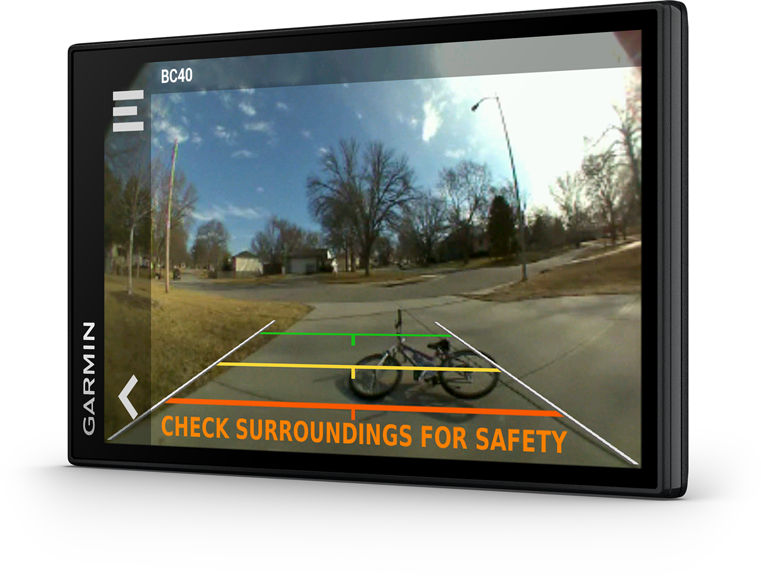 A Garmin BC40 backup camera screen displays a street with a bicycle.