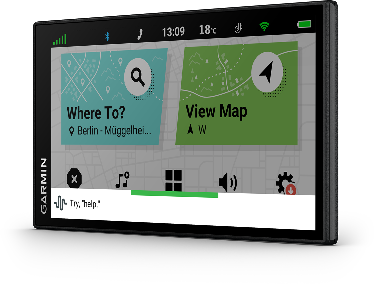 A car screen showing Where To? and View Map options, with a touch prompt at the bottom.