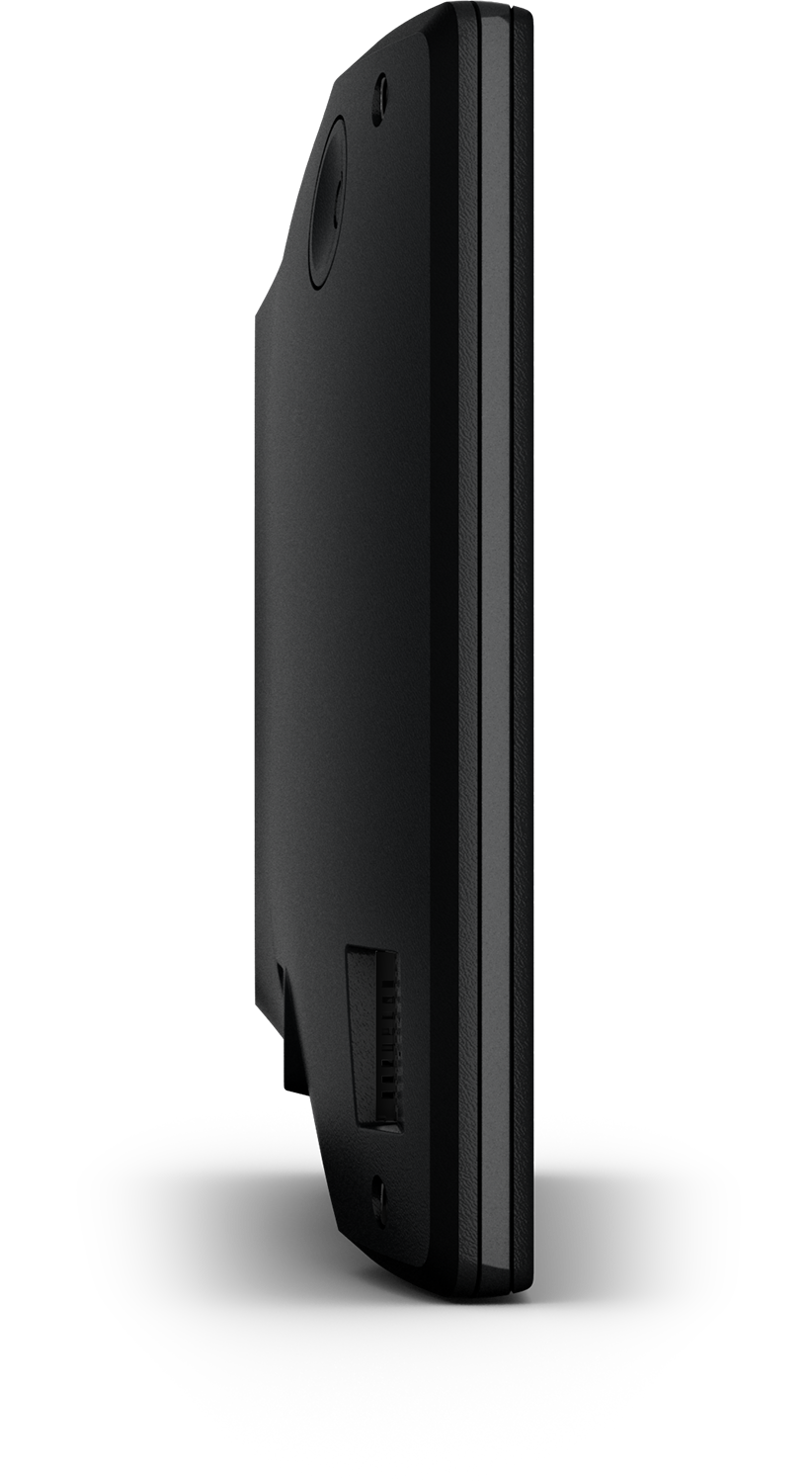 Side view of a black electronic device. It has a rounded top, a circle, a small button, and a rectangular port.