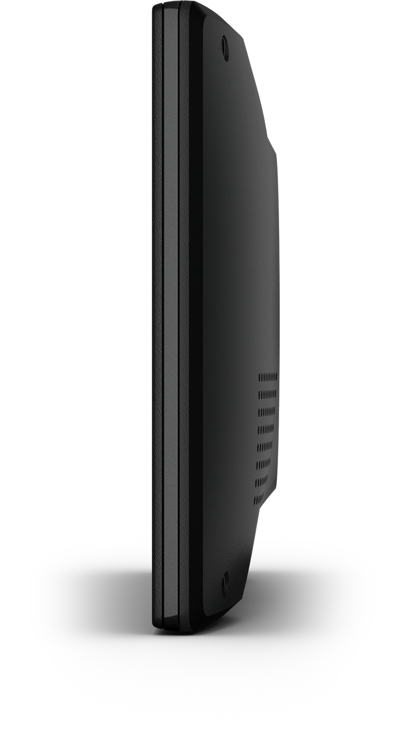 Black device, side view. Slightly rounded rectangle with a textured surface and some ventilation holes.