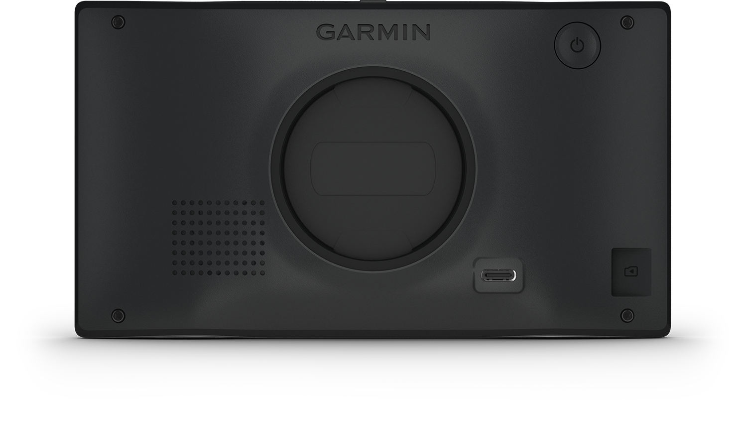 Black Garmin GPS device rear. Power button, camera button, charging port, and speaker holes are visible.