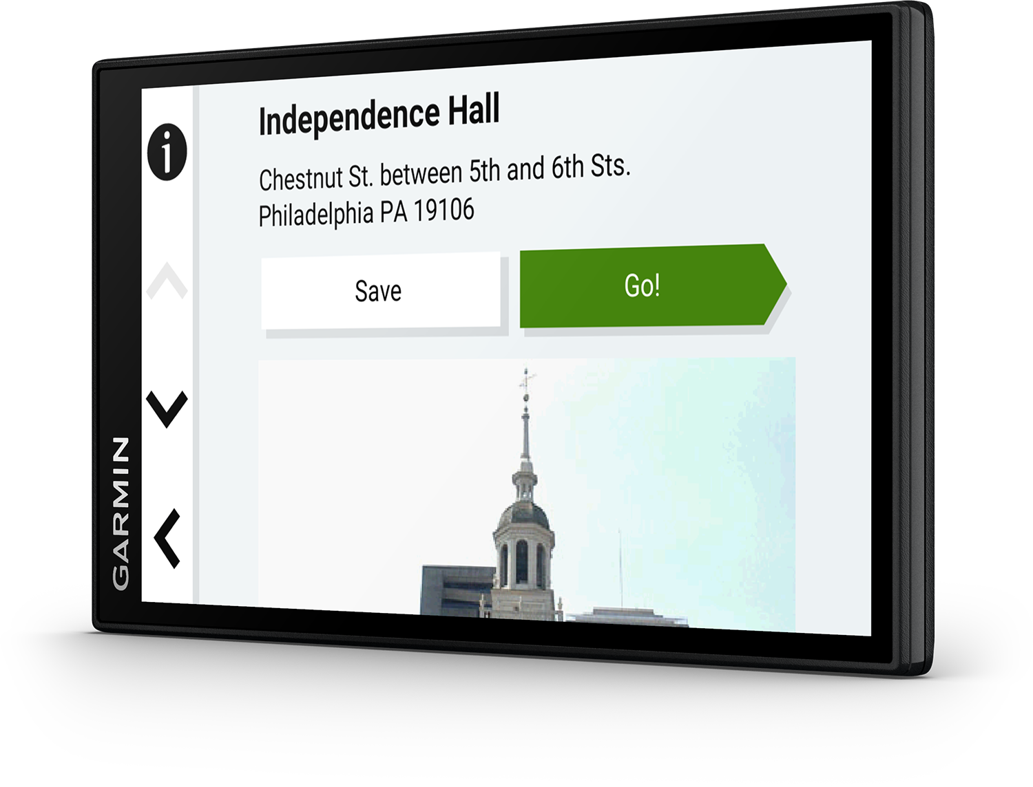 A Garmin navigation screen showing Independence Hall and navigation options.  The screen is black.