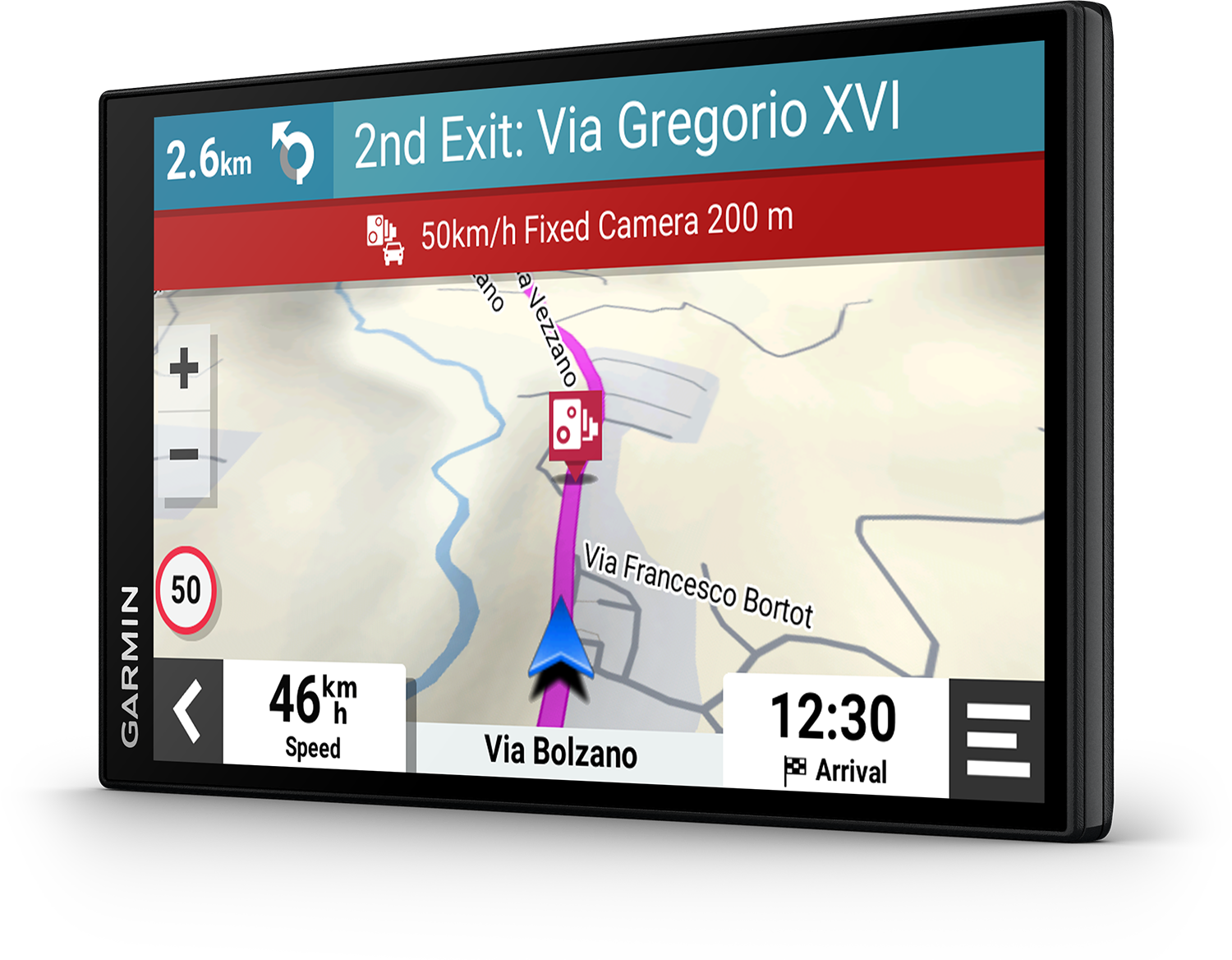 A GPS device screen showing a map with navigation directions, speed, and arrival time information.
