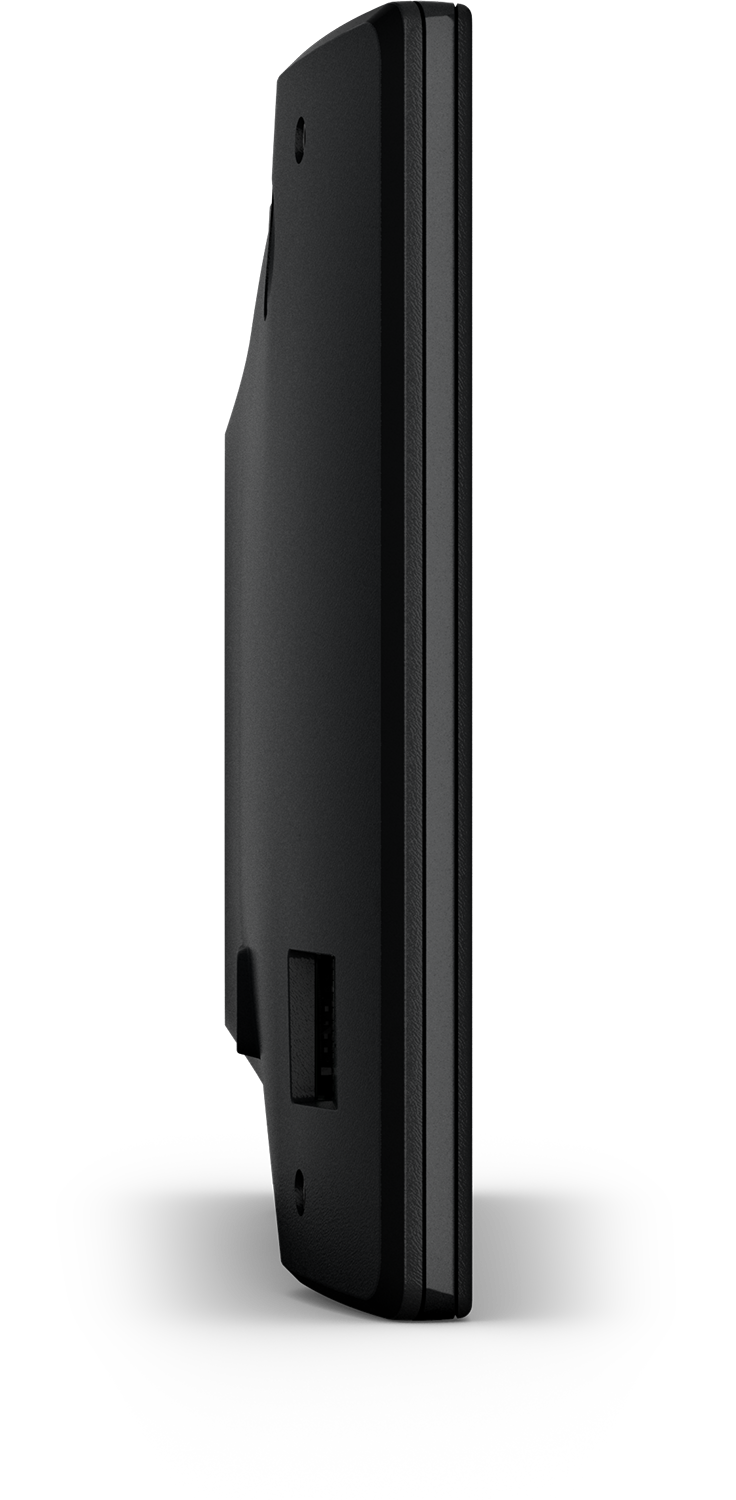 A black device, possibly a tablet or display, is shown from the side with a dark background.