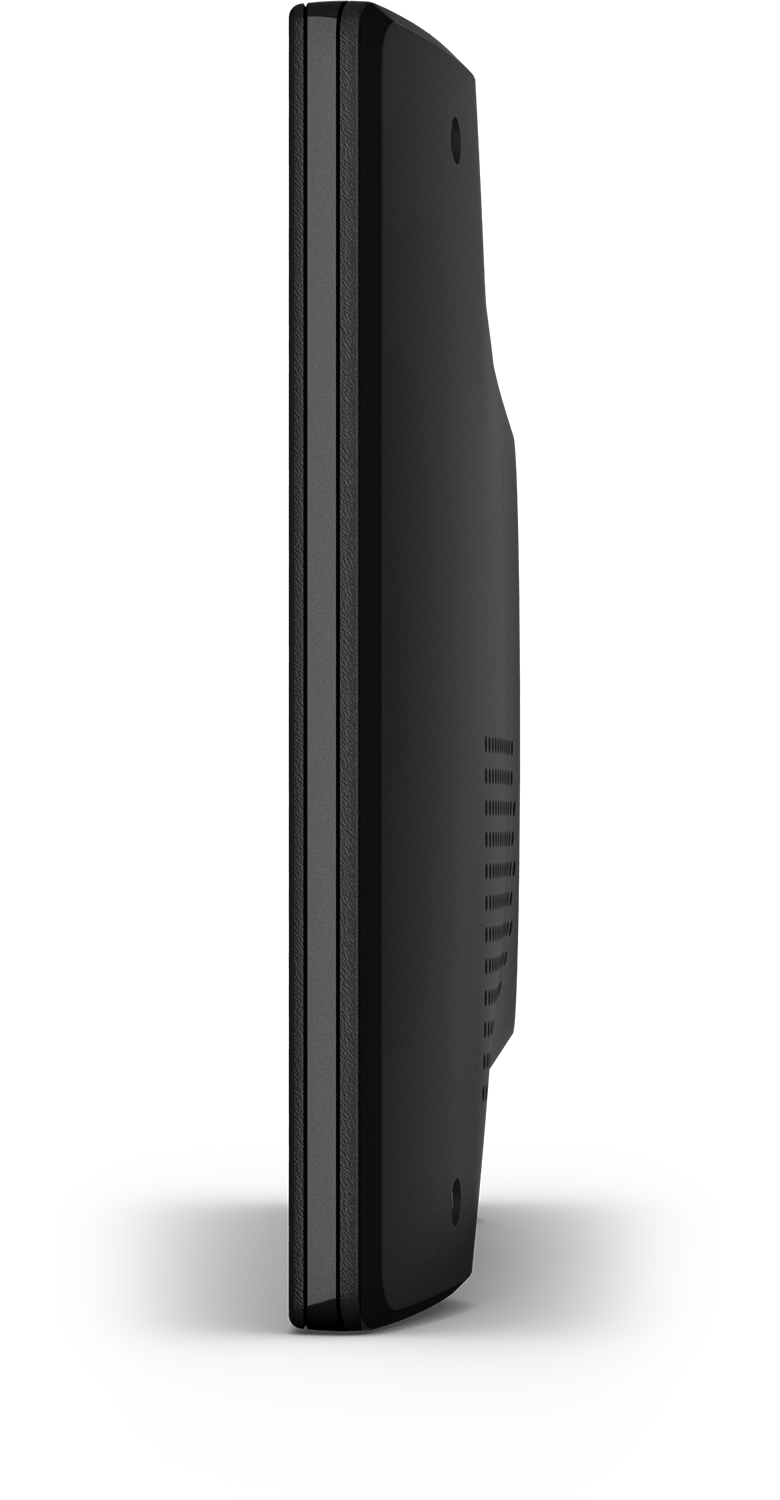 Black device seen from the side. Has a dark screen and several vents on the side.