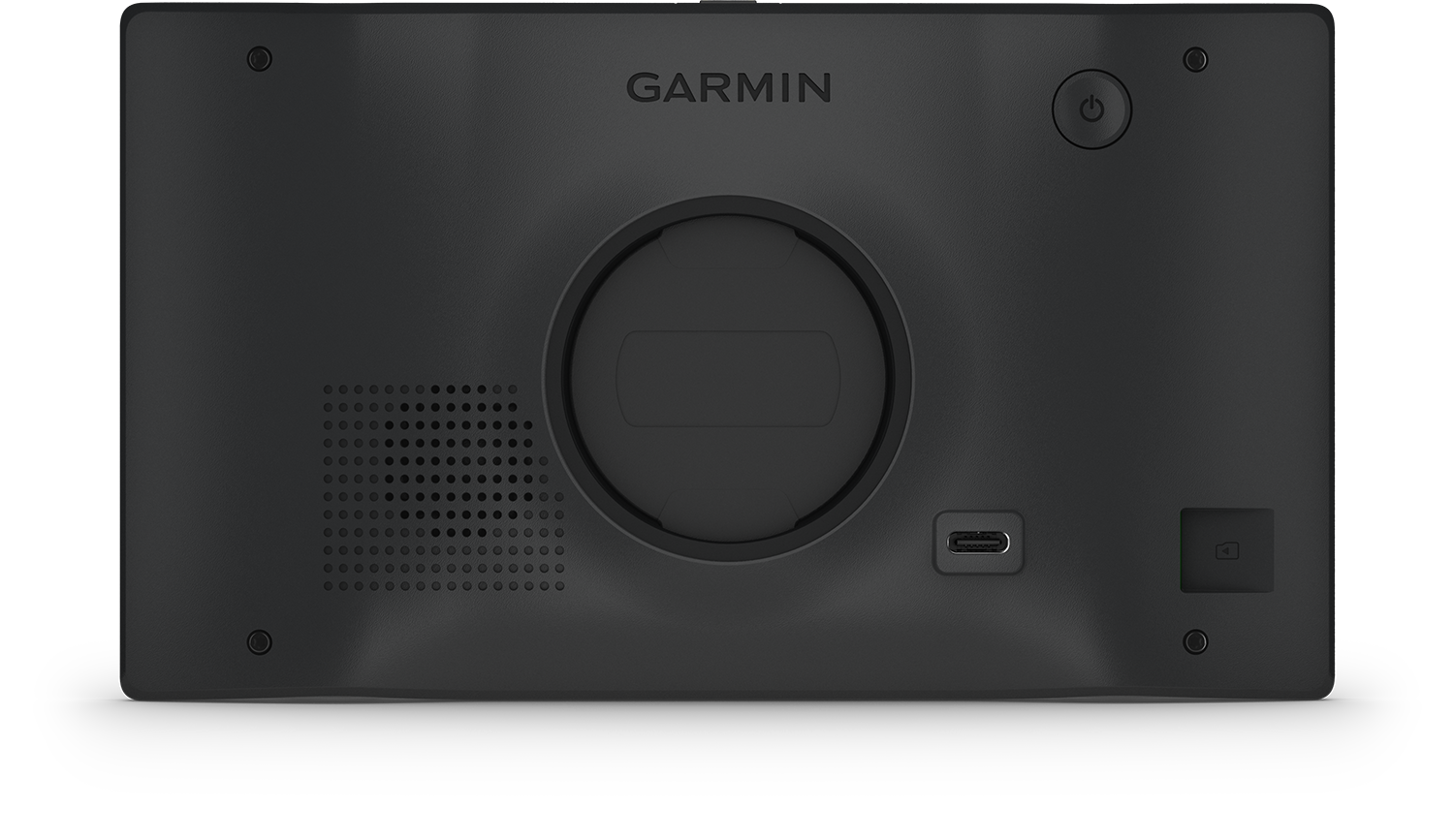 Back of a black Garmin device with power button and port.