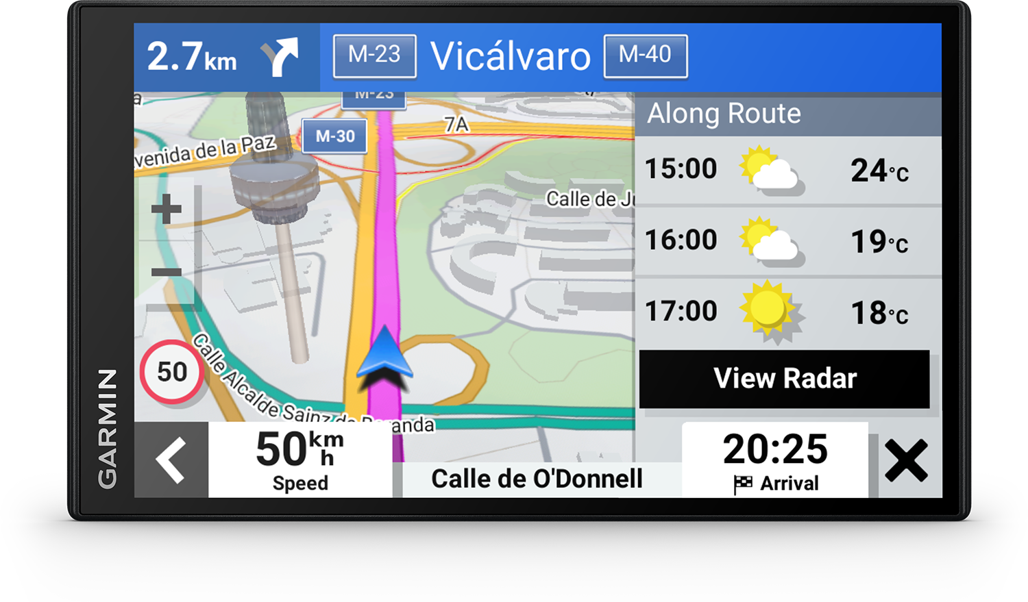 GPS screen displays a map, route, and weather forecast. Text: Vicalvaro, Calle de O'Donnell, 50 km/h.
