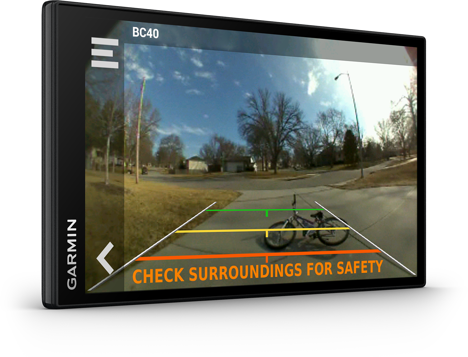 A display screen showing a road with a bike and text 'CHECK SURROUNDINGS FOR SAFETY'.