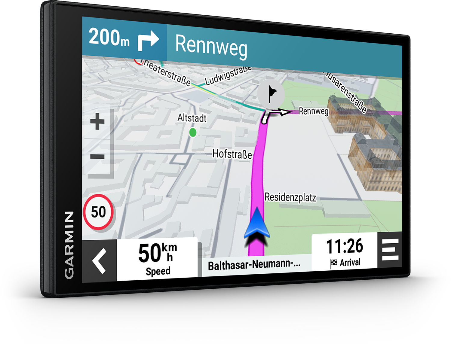 GPS device screen displays a map with route guidance. Shows street names, speed, and time.