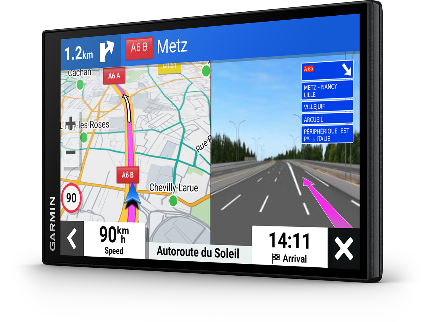 GPS screen with map and driving directions on a highway, with a car's view.