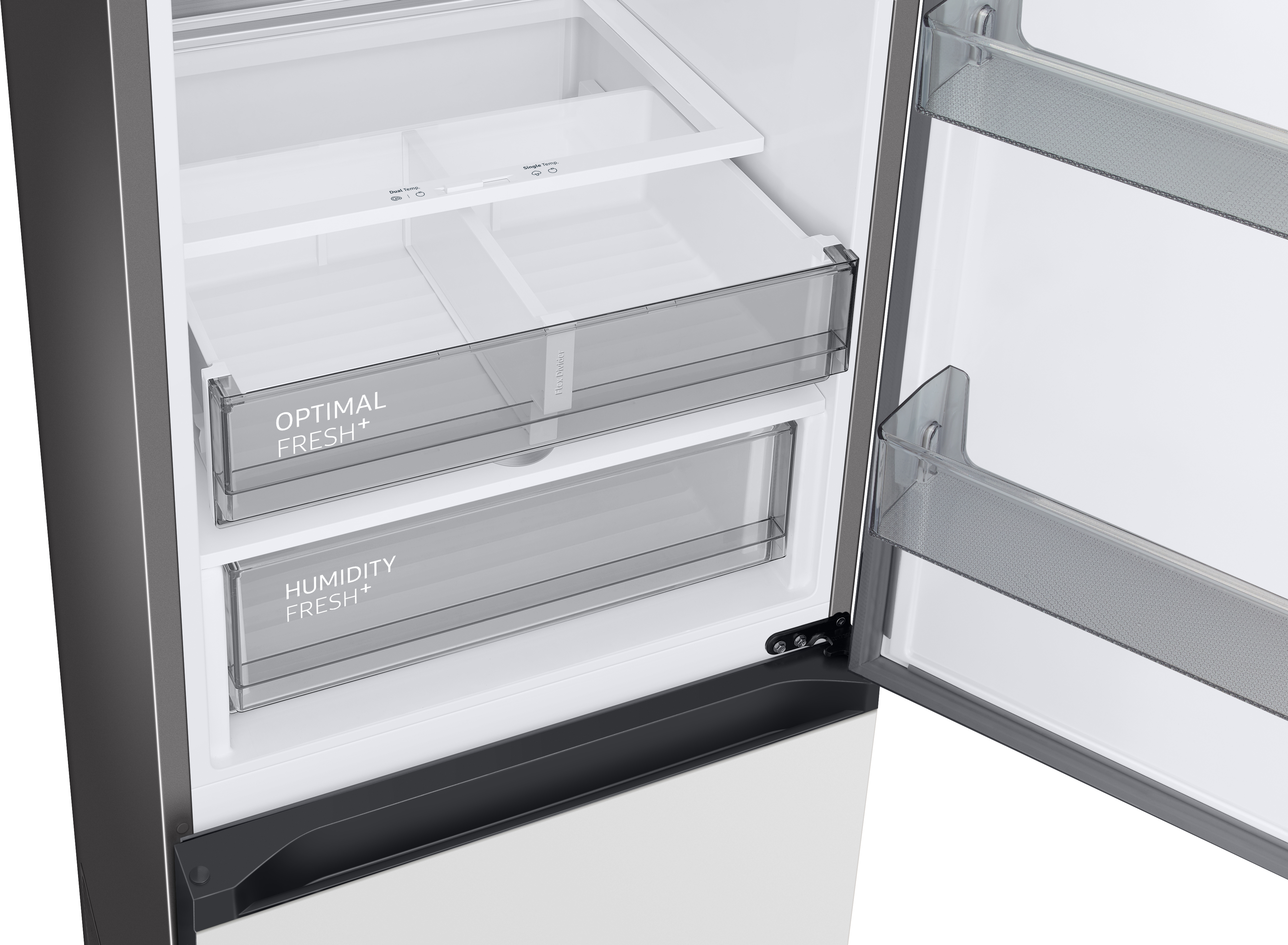 Geöffneter Kühlschrank zeigt zwei Schubladen mit der Aufschrift "Optimal Fresh+" und "Humidity Fresh+" mit weißem Innenraum.