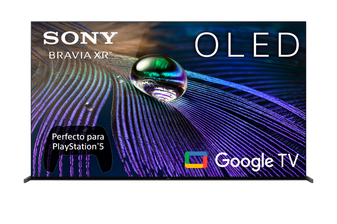 TV OLED Sony Bravia con Google TV, una gota de agua y un mando de PlayStation 5.