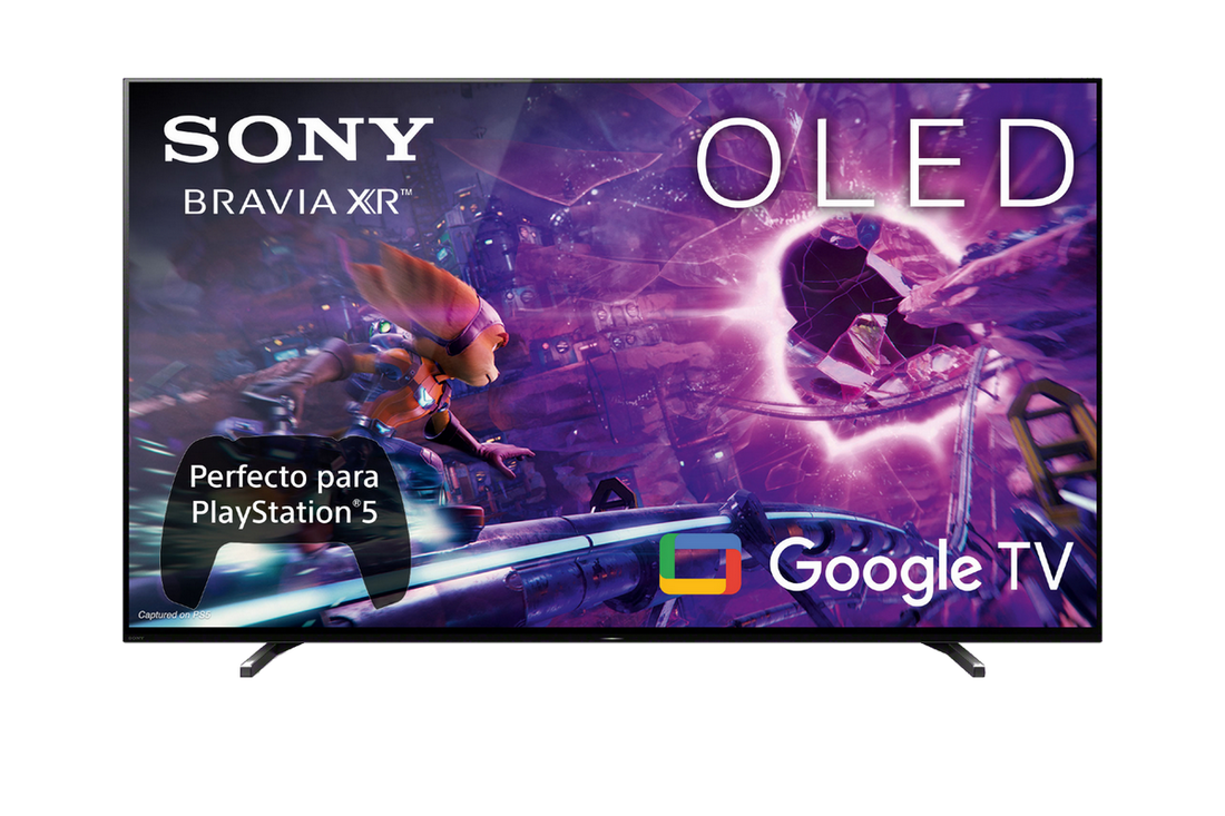 TV OLED Sony mostrando una escena de juego. Con mando y logo de Google TV.