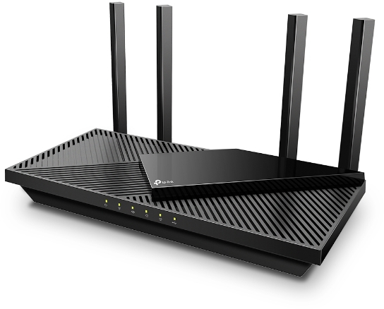 Black TP-Link router with antennas. Several lights are on the front.