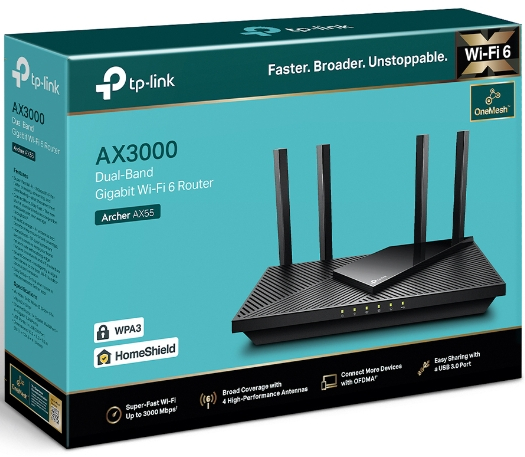 Box with a router image, Wi-Fi 6 logo. Product name is AX3000. White background.