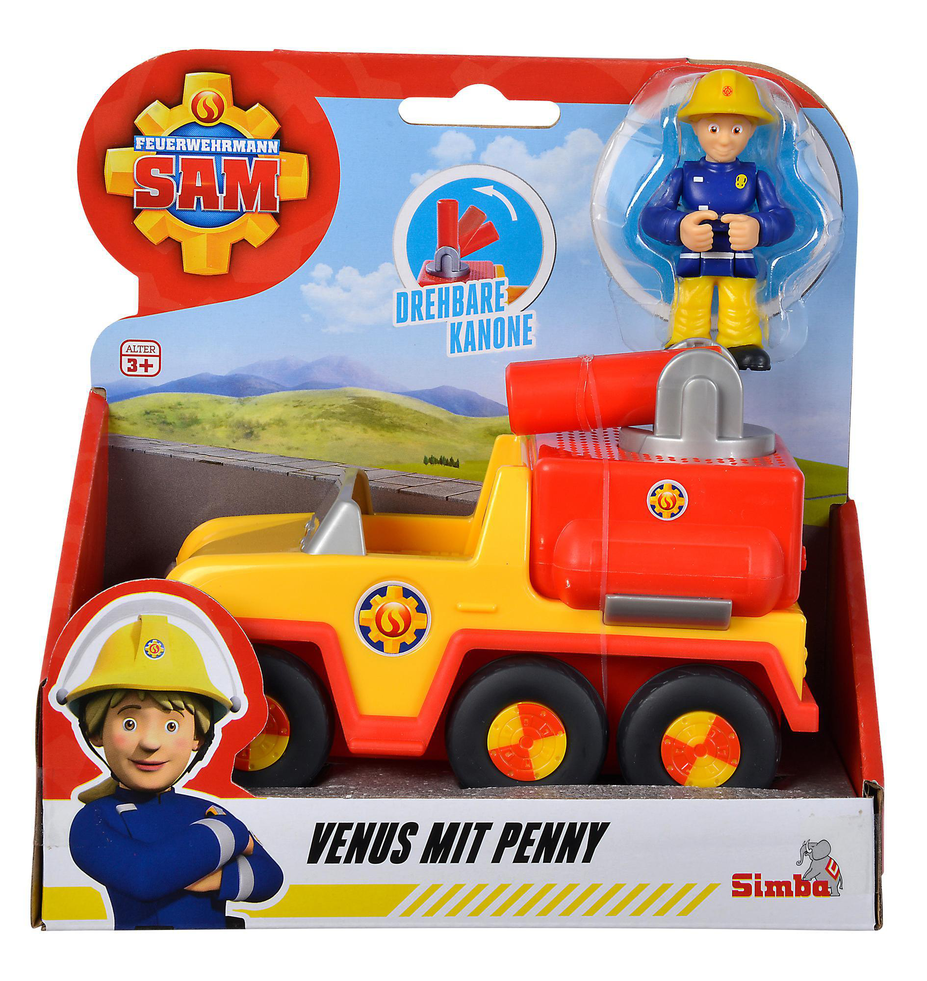 Spielzeug-Feuerwehrauto mit einer Figur von Feuerwehrmann Sam und Penny. Der Text lautet 'Venus mit Penny'.