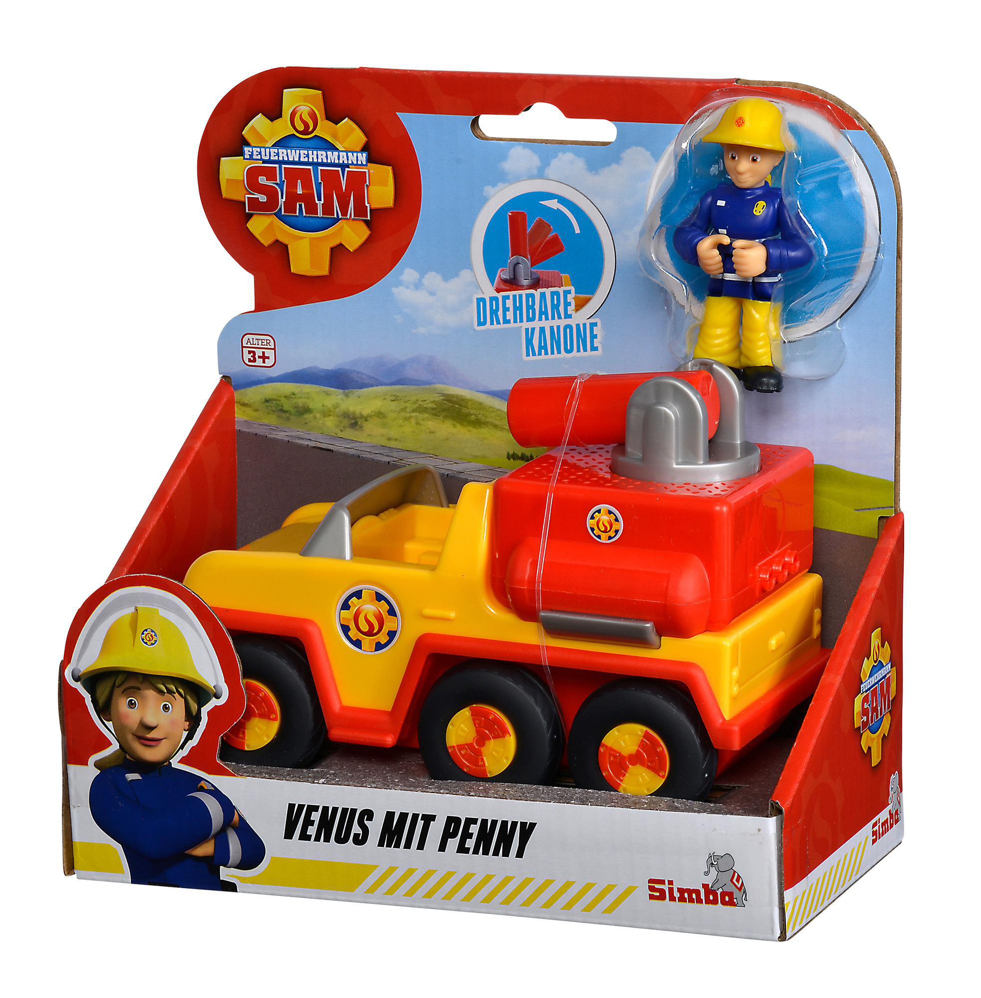 Spielzeug-Feuerwehrauto-Box mit einer Feuerwehrmann-Spielfigur. Gelb und rot.