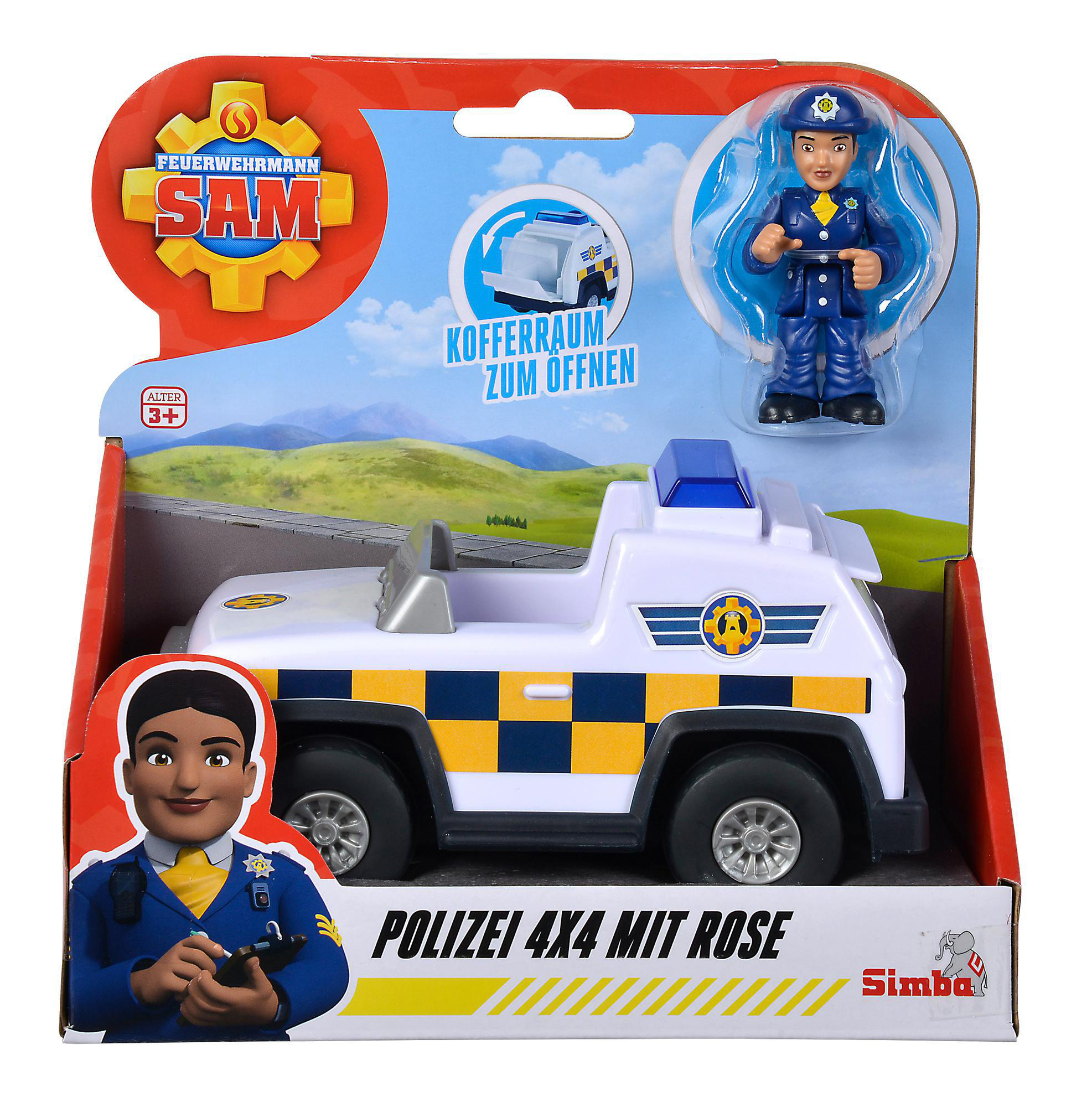 Spielzeug-Polizeiauto mit Figuren eines Polizisten und eines Mannes. Weiß, blau und gelb.