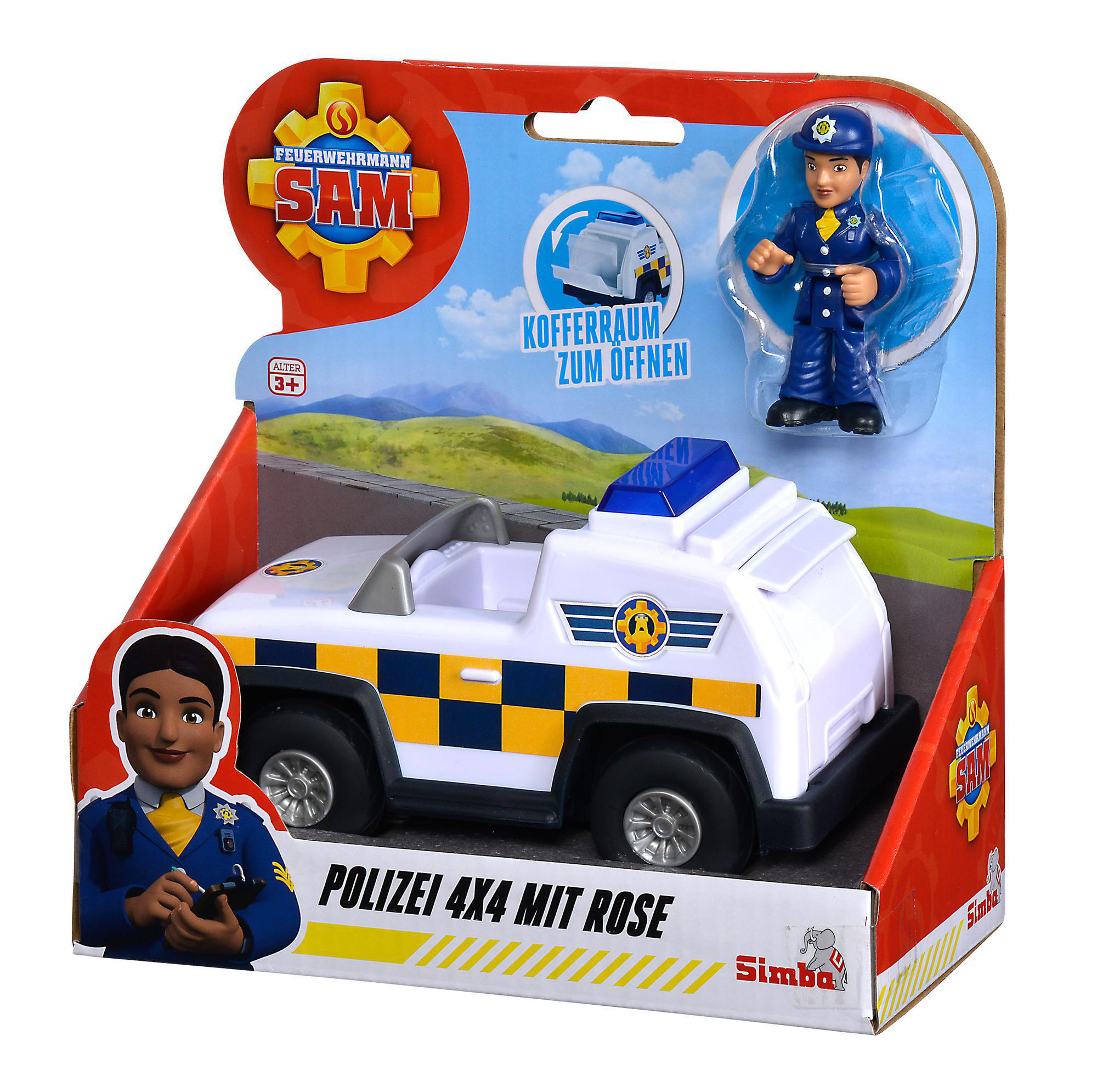 Spielzeug-Polizeiauto mit einer Polizistenfigur. Auf der Box steht: Polizei 4x4 Mit Rose.