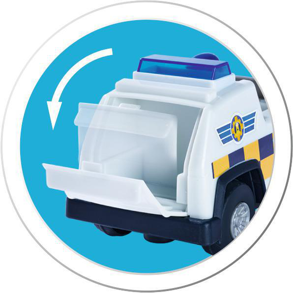 Spielzeug-Polizeiauto mit sich öffnender Seitentür. Blaues und weißes Design mit Kreis.