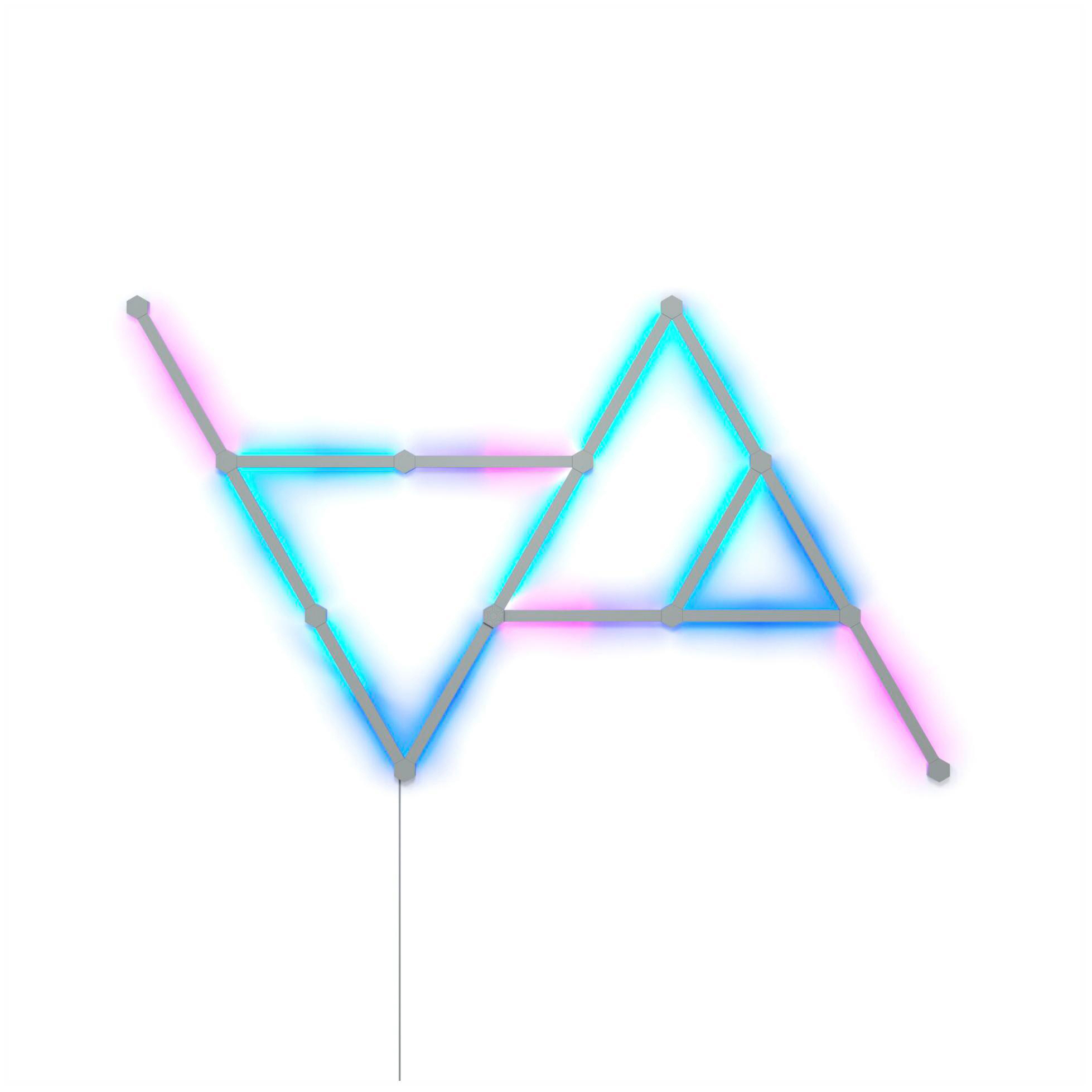 Abstrakte Neonformen, blaue und pinkfarbene Dreiecke auf weißem Hintergrund, verbunden durch graue Linien.