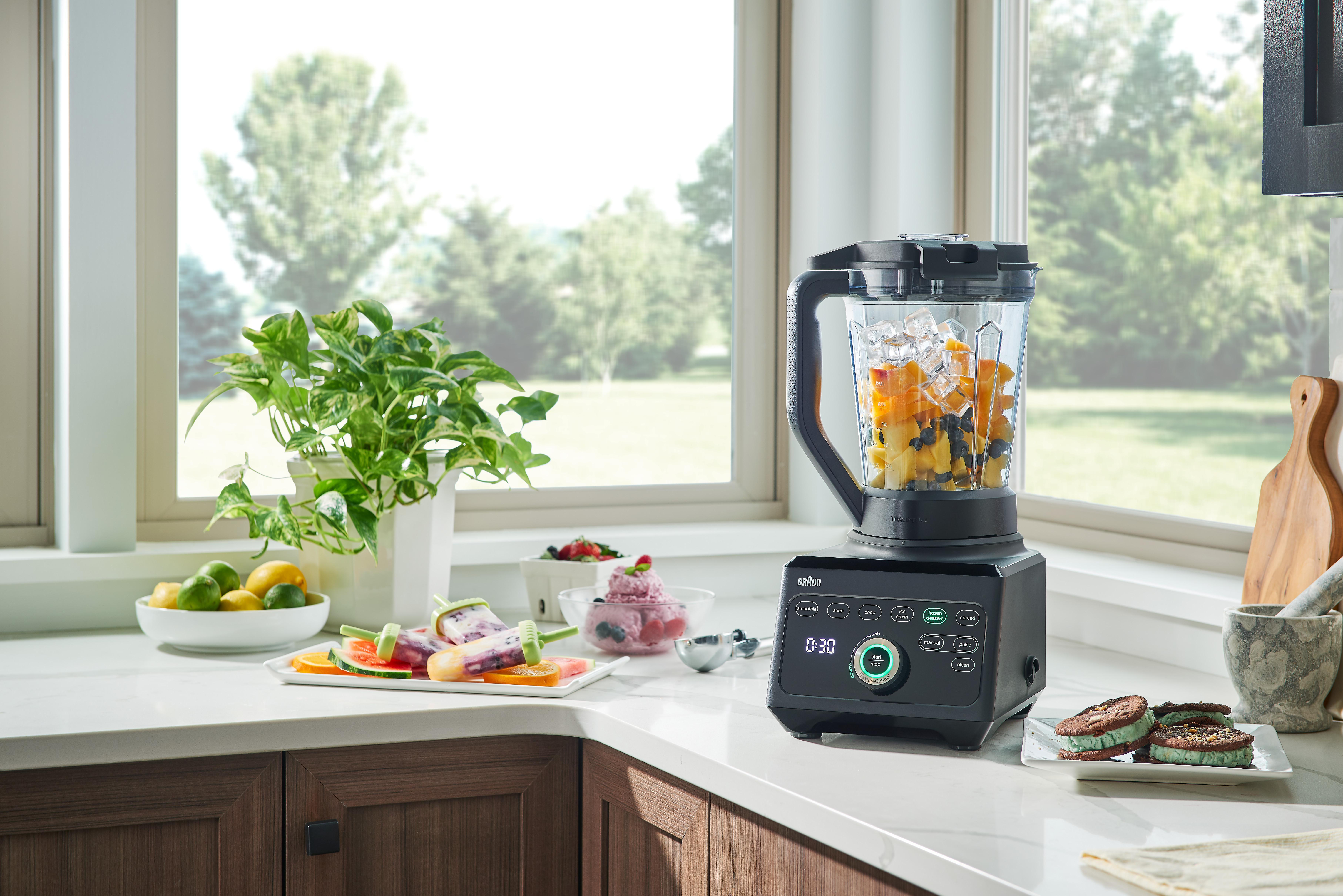 Schwarzer Mixer mit Früchten, umgeben von Pflanzen, Obst und Eis.