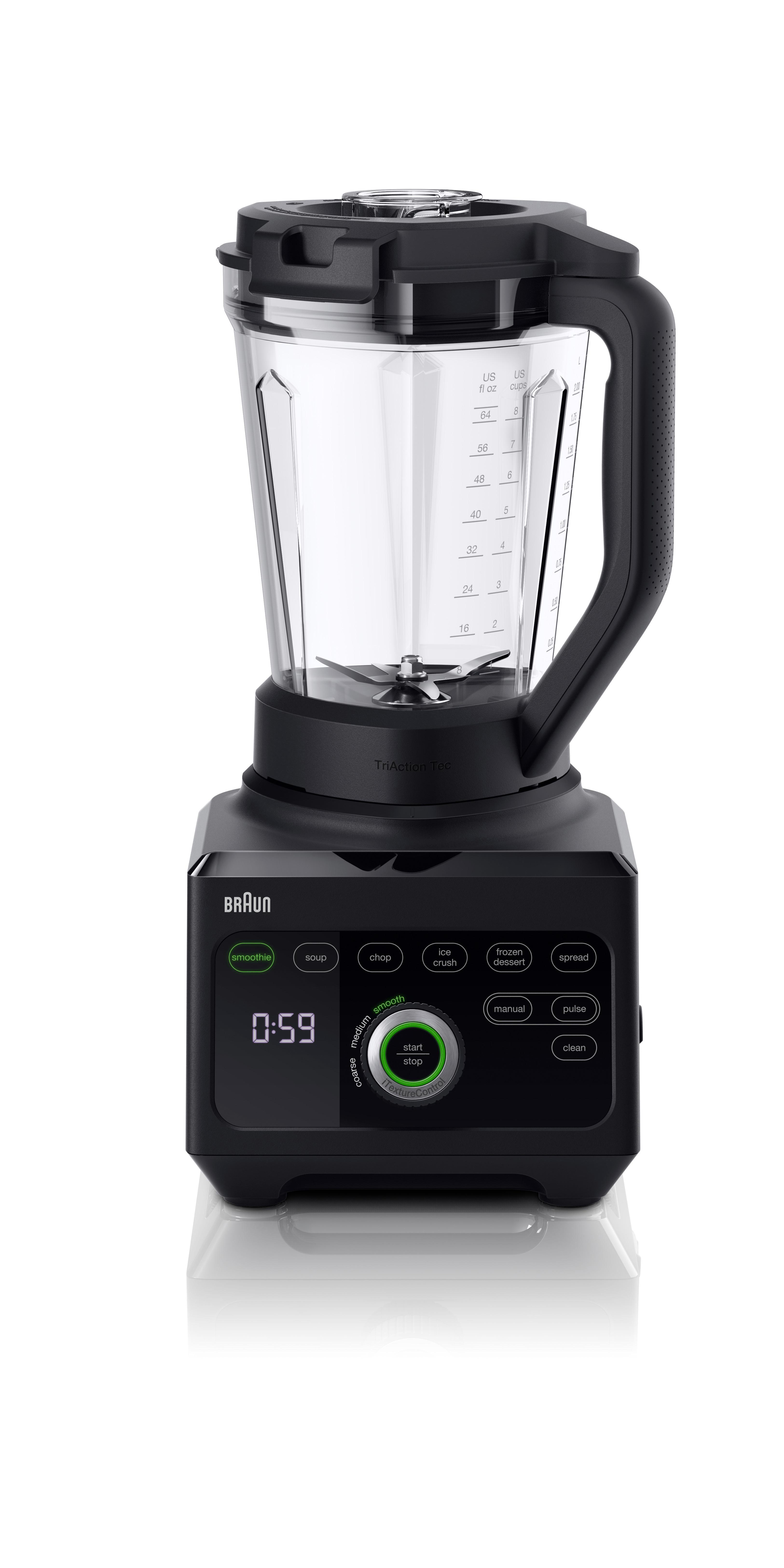 Schwarzer Braun-Mixer mit transparentem Behälter auf weißer Oberfläche. Knöpfe: Smoothie, Hacken, Eis zerkleinern usw. Anzeige: 0:59.