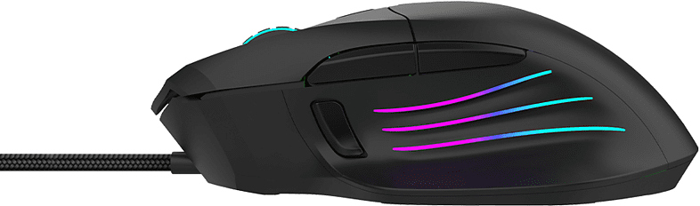 Zwarte gamingmuis met RGB-verlichting aan de zijkant, bedrade verbinding. De muis heeft meerdere knoppen en een scrollwiel.