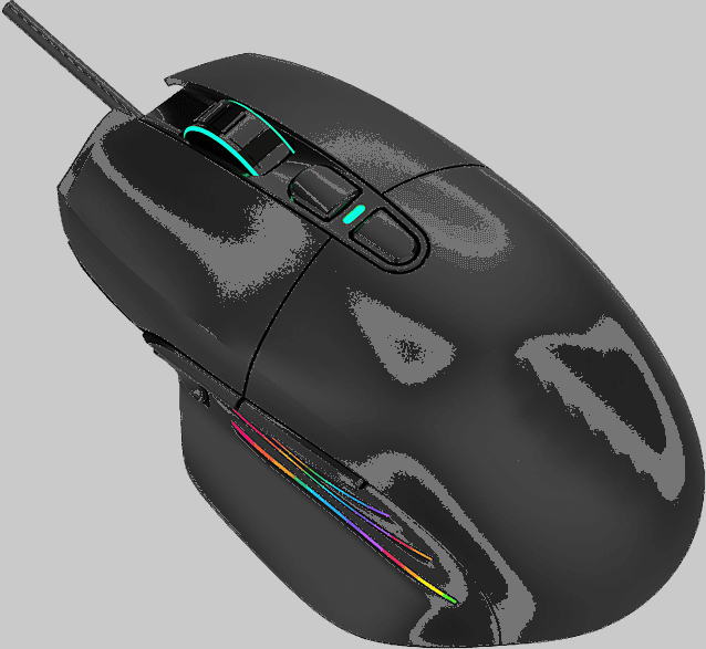 Zwarte gamingmuis met verlicht scrollwiel en knoppen, op een grijze ondergrond.
