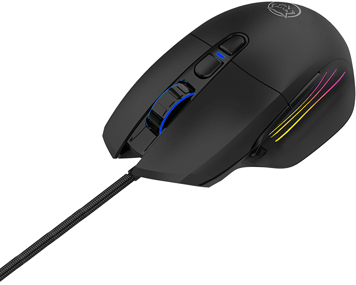 Een zwarte gamingmuis met kleurrijke verlichting, een getextureerde kabel en meerdere knoppen.