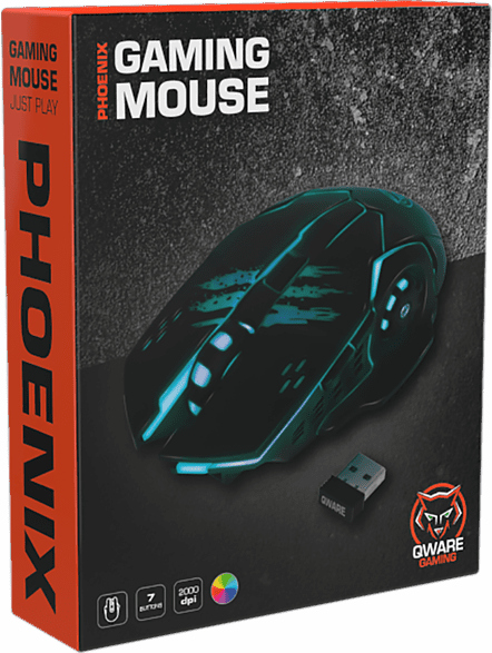 A gaming mouse in a box, with a USB receiver. The box has text and graphics.