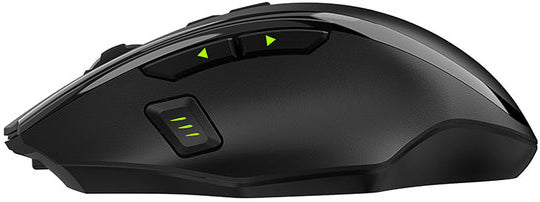 Black computer mouse, side view. Has buttons and a wheel. Buttons have green icons.