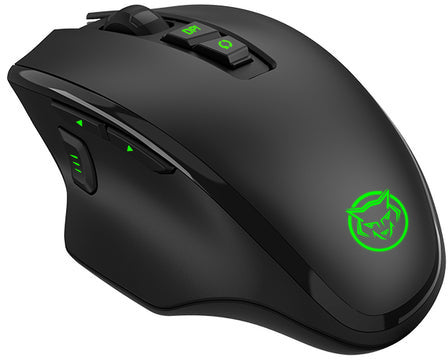 Black gaming mouse with green accents and a logo, angled view.