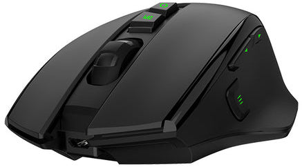Black gaming mouse with multiple buttons and a scroll wheel.