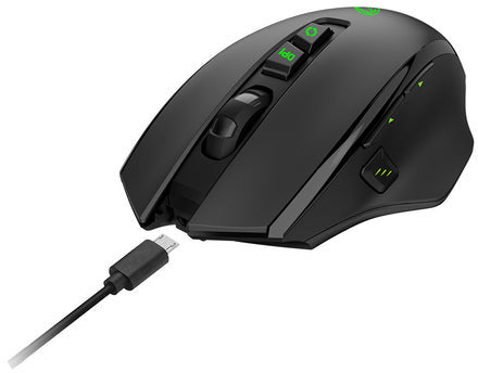Black gaming mouse with green accents. USB cable is connected. Buttons and scroll wheel visible.