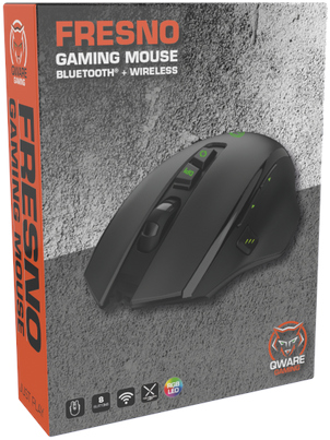 Black gaming mouse with box. Text: FRESNO, GWARE GAMING, Bluetooth+Wireless.